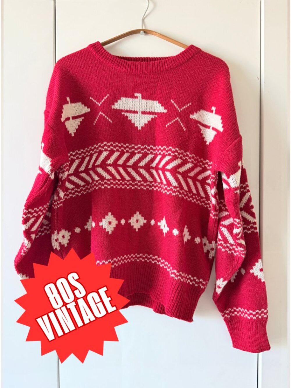 🍁Fall Sale! Vntg 80s TJW Mervyns Red Xmas Fair Isle Holiday Sweater Sz S M